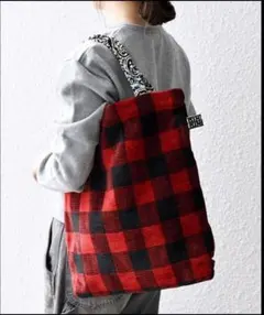 SHIPS any別注 BINDU ジャカード トートバッグ 赤チェック 大容量