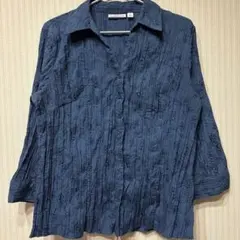 刺繍シャツ 【XL】ダークブルー おしゃれ服 ヴィンテージ 古着 長袖