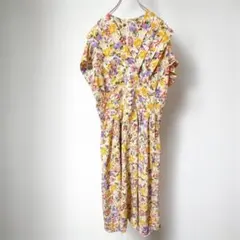 ヴィンテージ海外古着　花柄ロングワンピース半袖フリル　レトロ　黄色