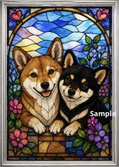 【柴犬ステンドグラス】茶柴と黒柴 寄り添うふたり｜花と光のアート