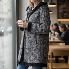 美品 ユニクロ UNIQLO コート M 黒×グレー フード 膝丈 ジッパー