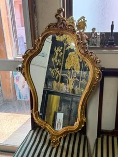 イタリア製 ロココ調 金箔 ゴールド ウォールミラー アンティーク