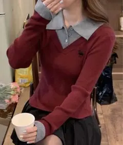 Dazy 襟付き ニット セーター ボルドー 長袖 トップス SHEIN
