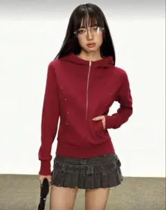 【未開封新品】バーガンディ スタッズ付きフードジャケット 韓国ストリート