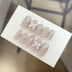 #72ピンク ネイルチップ ちゅるん 韓国 ドット ワンホン リボン ラメパール