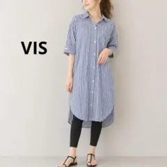 VIS ストライプ 五分袖 シャツワンピース　水色　白のサムネイル