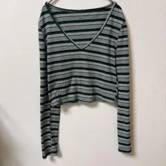 シーイン ボーダー Ｖネック 長袖 クロップド Ｍ 緑 白 黒 灰 ポリエステル