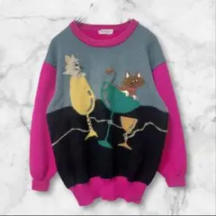 ニットセーター刺繍デザイン猫ねこネコ動物アニマルレトロピンクグレービンテージ古着
