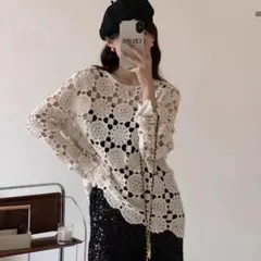 ロングトップス　春にぴったり花柄チェック　レース使いで可愛いデートコーデ　韓国