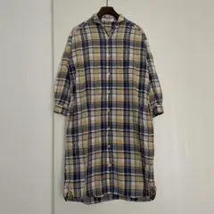 B03578 ルノンキュール チェック柄　シャツワンピース 七分袖　麻混