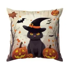 【ハロウィン】クッションカバー 黒猫 かぼちゃ パンプキン とんがり帽子
