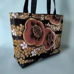 帯リメイク　トートバック　梅　花びら　金糸　黒