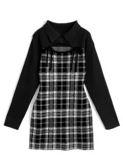 チェック柄フロントオープンリボンニットミニワンピース[ru1373]
