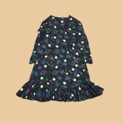 ヴィンテージ 膝丈ワンピース ドット 花柄 七分袖 昭和レトロ 古着 総柄