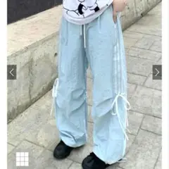 GRL ナイロンワイドパンツ　水色【F】サイドリボン　カーゴパンツ　可愛い