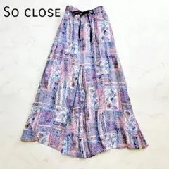美品 ソークロース ロングスカート ディノス ウエストゴム 総柄 リボン Ｌ