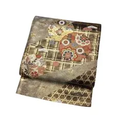 袋帯 雪輪に花柄模様 蝶々 松竹梅 金色 KO-1315