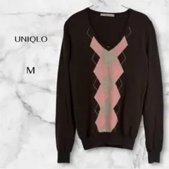 UNIQLO ユニクロ　アーガイルニットセーター　ブラウンピンクベージュ