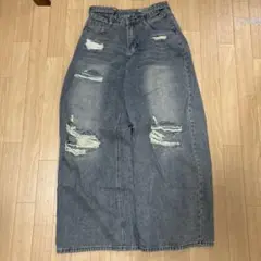 ダメージ加工 ワイドデニムパンツ ライトブルー