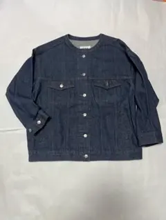 ikka ノーカラー ダークブルー デニムジャケット 短丈 インディゴ