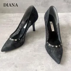 【DIANA】23cm スタッズ付きフラワーレース　ハイヒールパンプスブラックのサムネイル