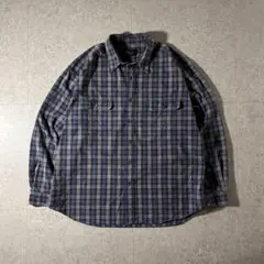 00s Eddie Bauer長袖チェックシャツ青コットンワーク海外ストリート