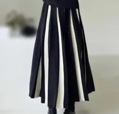 ニットプリーツスカート バイカラー ストライプロングスカート モノトーン