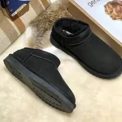 ブラック ムートンブーツ スリッポン