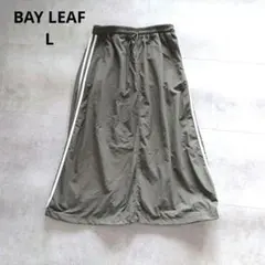 BAY LEAF ロングスカート カーキ ライン ゴムウエスト L バルーン