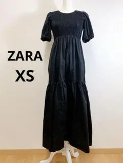 ZARA ポプリンパネルミディ ワンピース パフスリーブ ロング ブラック XS