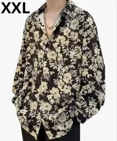 【大特価】花柄 総柄 長袖シャツ ブラック XXL メンズ オーバーサイズ 薄手