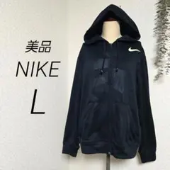 美品　NIKE　パーカー　ジップアップ　L　裏起毛　ネイビー　総柄　l　紺