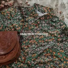 古着 レトロ古着 Vintage 昭和レトロ 花柄 緑 ベスト付き ワンピース