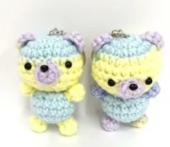 水色と黄色のくま型あみぐるみ（キーホルダー付き）/ハンドメイド