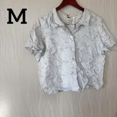 【M】リネン100% 半袖シャツ 花柄ライトブルー ブラウス
