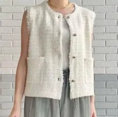 グリーンレーベルリラクシング 薄手 ミックス ツイード ニット ジレ 金ボタン