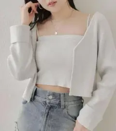 Chicoプレート付クロップドカーディガンキャミCHICOラメホックカーデキャミ