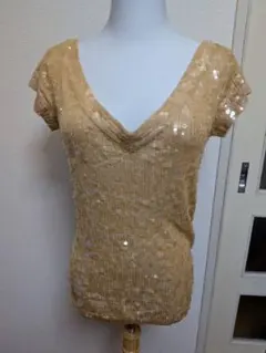 DONNA KARAN NEW YORK スパンコール 半袖ニット ゴールド