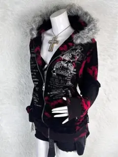 ファー付き黒赤グラデーションパーカー　Y2K archive