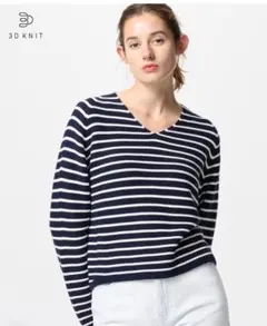 美品 ユニクロ 3DコットンリラックスVネックセーター ネイビー LLサイズ