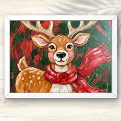 A4 赤いマフラーの笑顔のトナカイ クリスマス油絵アート インテリアアート 油絵