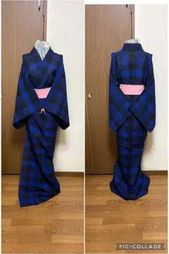 袖しつけ付き!!青黒ブロックチェック 上布!?麻単