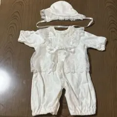 ホワイト コットン ツーウェイ・ドレスオール 帽子付き　50-60サイズ　新生児