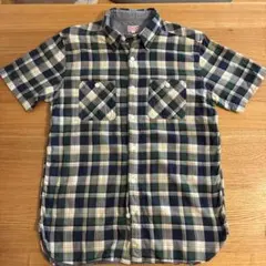 【BEAMS】ビームス チェック 半袖シャツ M ワークシャツ 古着 紺 緑 黄