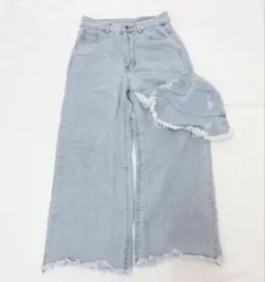 デニムパンツ　ワイドデニムパンツ　ジーンズ　　帽子　デニム　バスケットハットのサムネイル