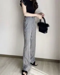 ギンガムチェックフレアパンツ　グレイル