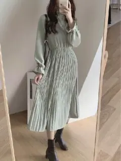 韓国風ミントグリーン ロングワンピース