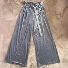GU グレー ベルベット ワイドパンツ リボン付き　M