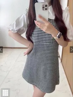 GRLギンガムチェック柄ミニワンピースXフリルシャツセットアップ[k9112a]