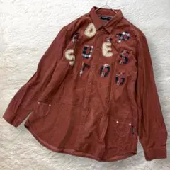 ドラッグストアズ コーデュロイシャツ 長袖 ブラウン アップリケ コットン 秋色